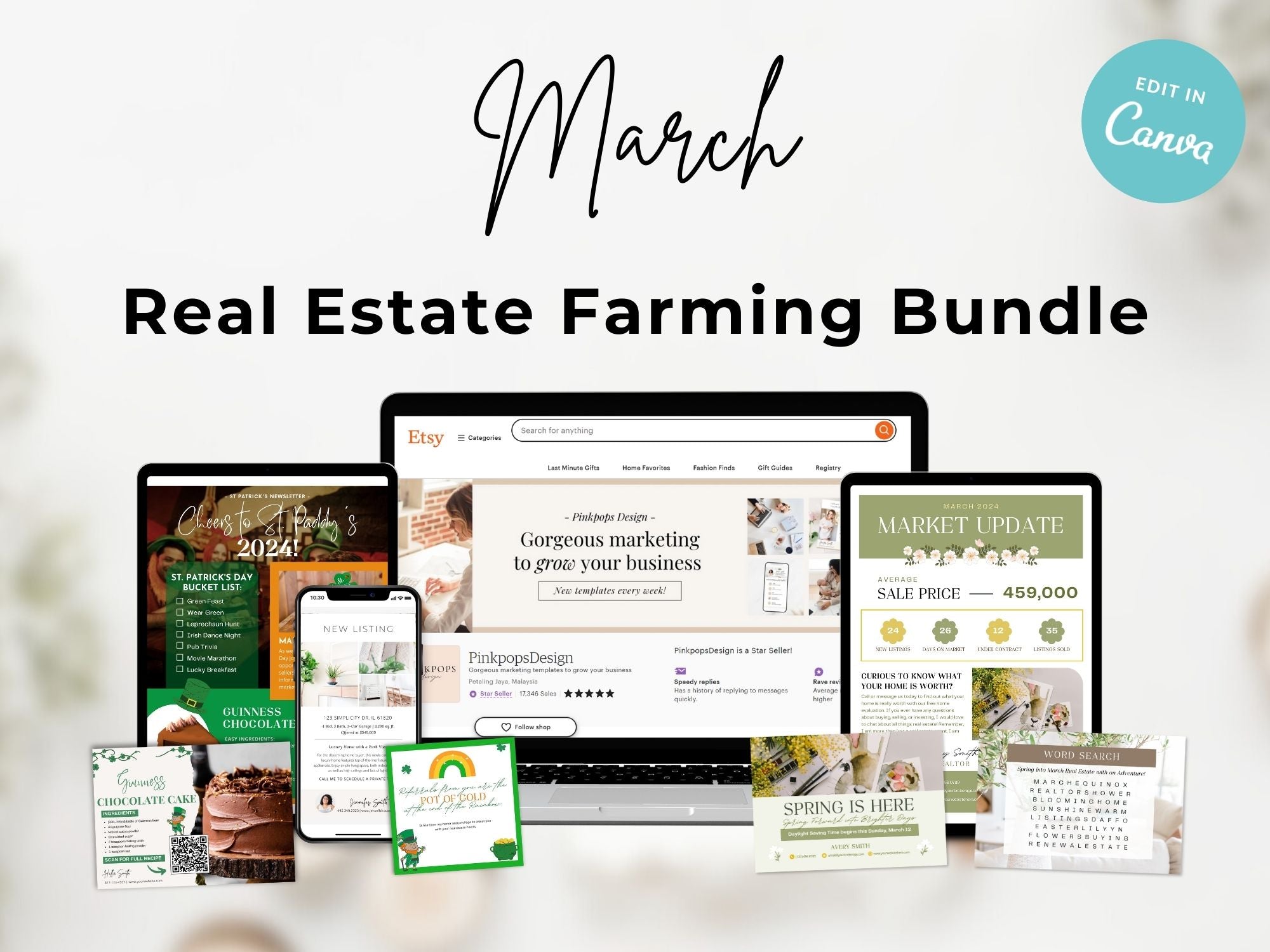 March Farming Bundle - Comprehensive tools for real estate farming and community engagement in March.