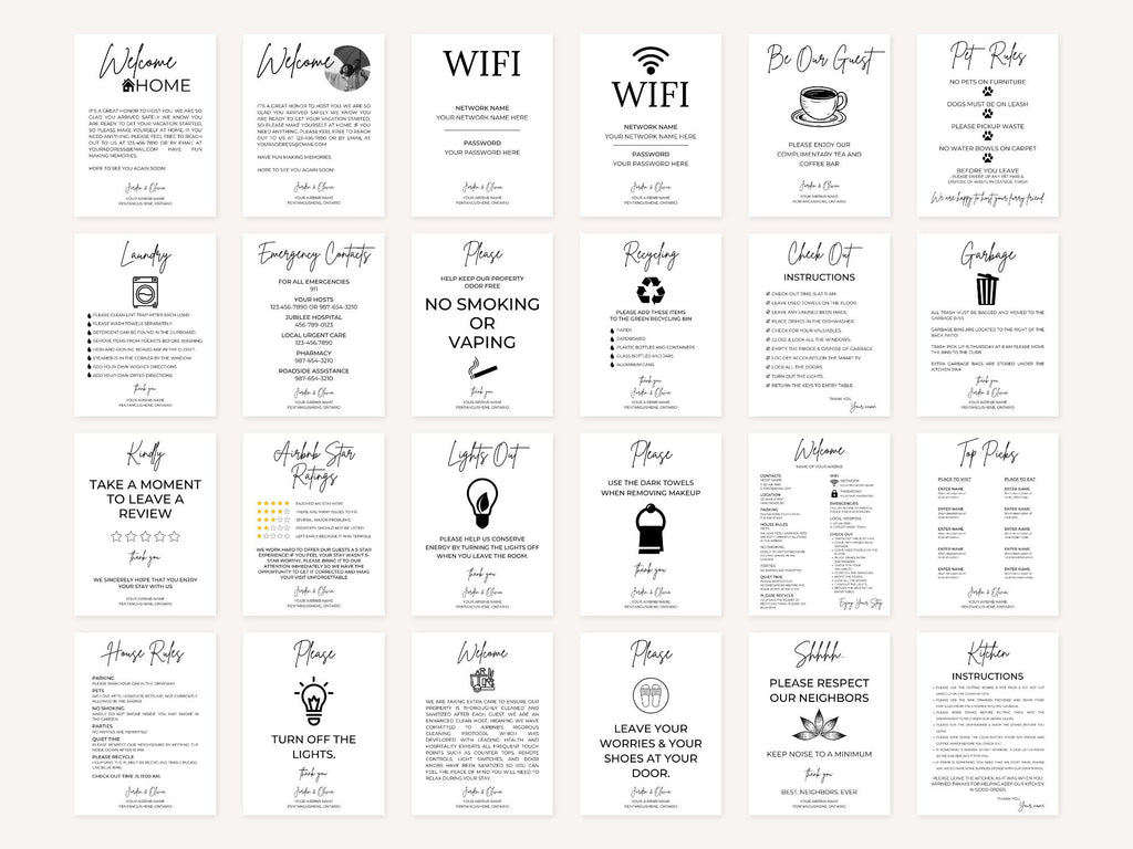 Black & White Airbnb Printable Bundle - Stylish and minimalist templates for seamless vacation rental management