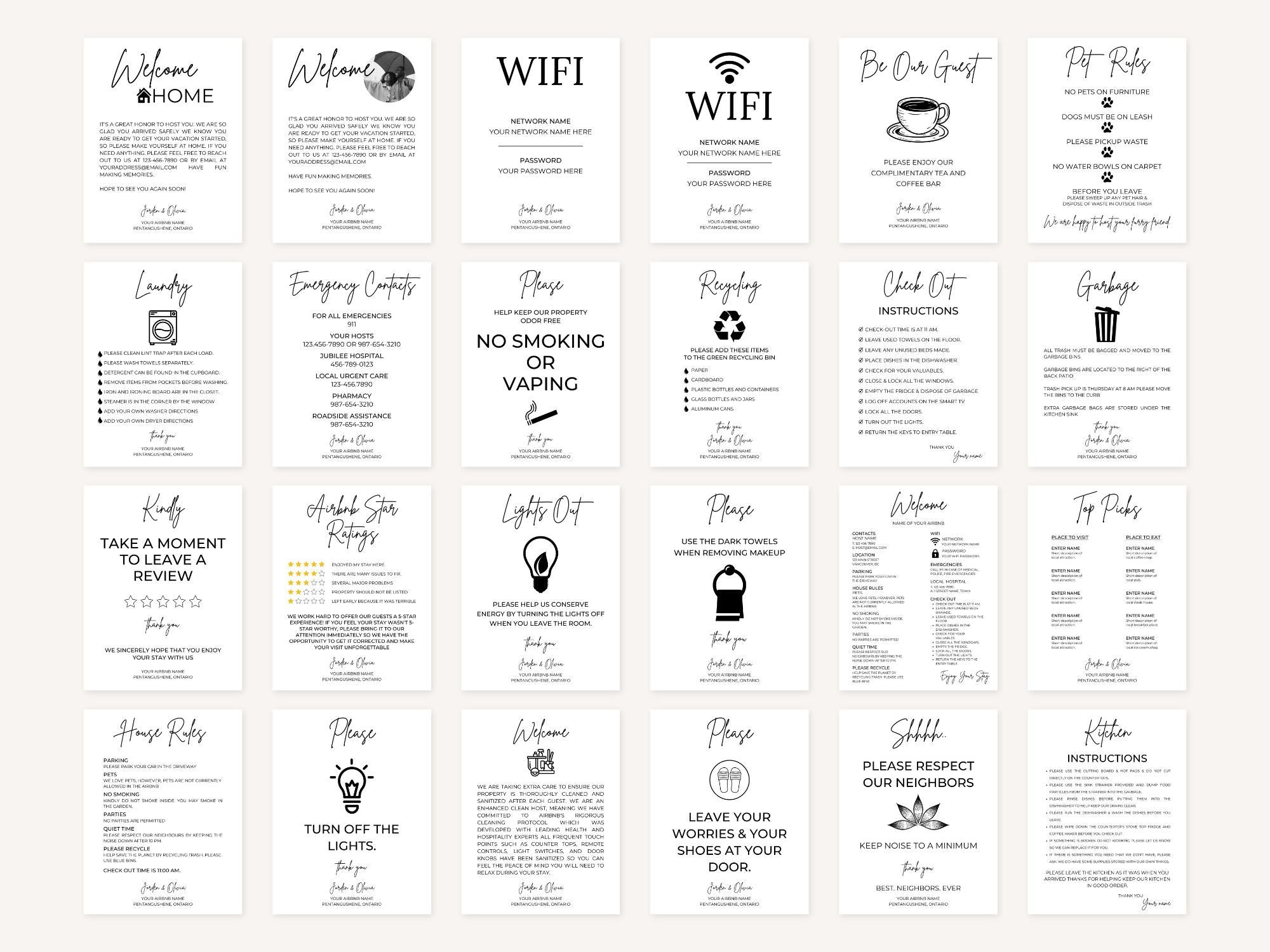 Black & White Airbnb Printable Bundle - Stylish and minimalist templates for seamless vacation rental management