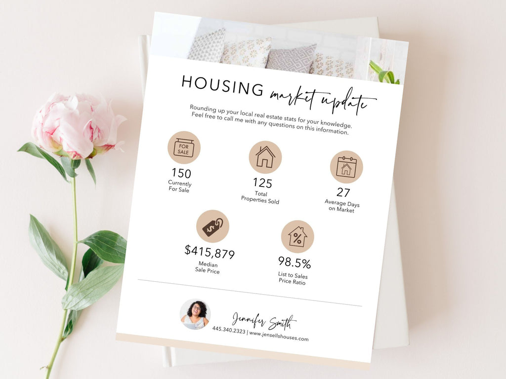 Real Estate Market Update Flyer - Informative flyer providing a snapshot of current market trends, empowering buyers and sellers with valuable insights for showcasing real estate expertise and positioning as a market authority.