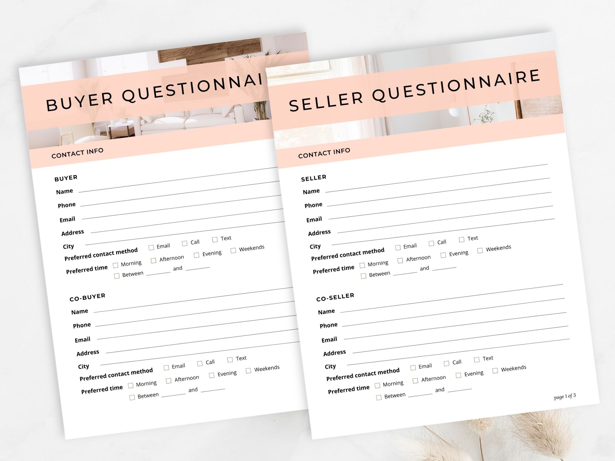Real Estate Blush Buyer & Seller Questionnaire Bundle - Versatile and editable templates for seamless communication in an elegant blush color scheme.