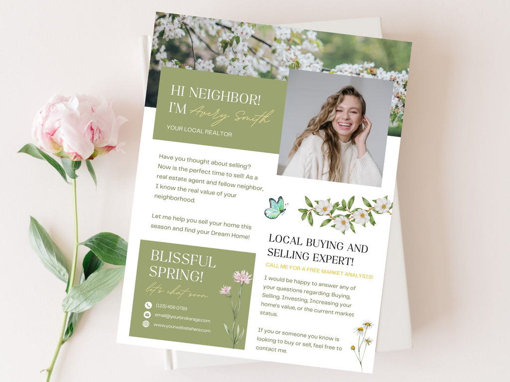 Spring Hello Neighbor Flyer - Professionally designed real estate flyer welcoming the season and showcasing property listings.