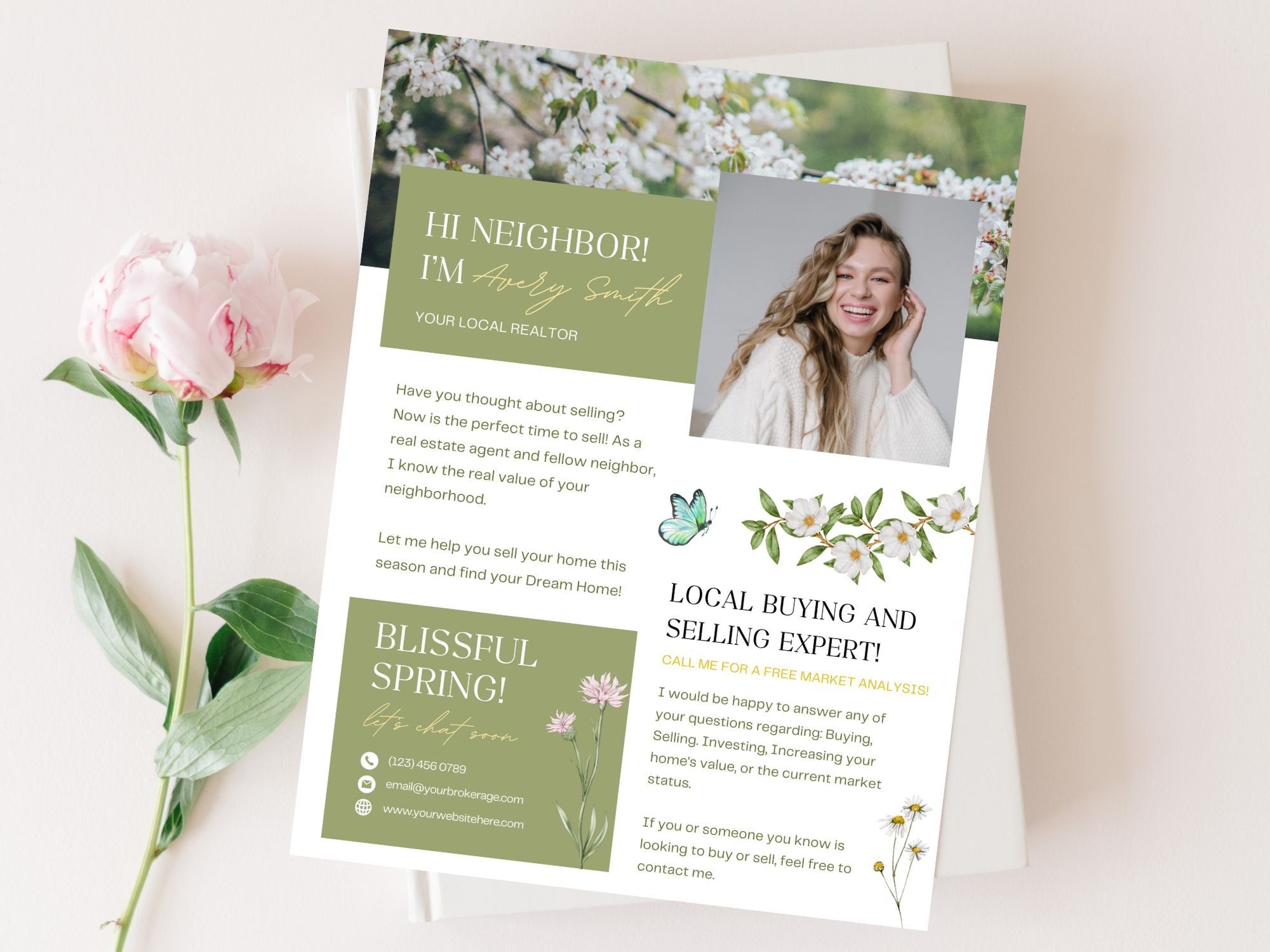 Spring Hello Neighbor Flyer - Professionally designed real estate flyer welcoming the season and showcasing property listings.