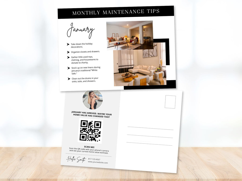 Monthly Maintenance Tips Postcards - Beautifully designed postcards offering valuable home maintenance advice.