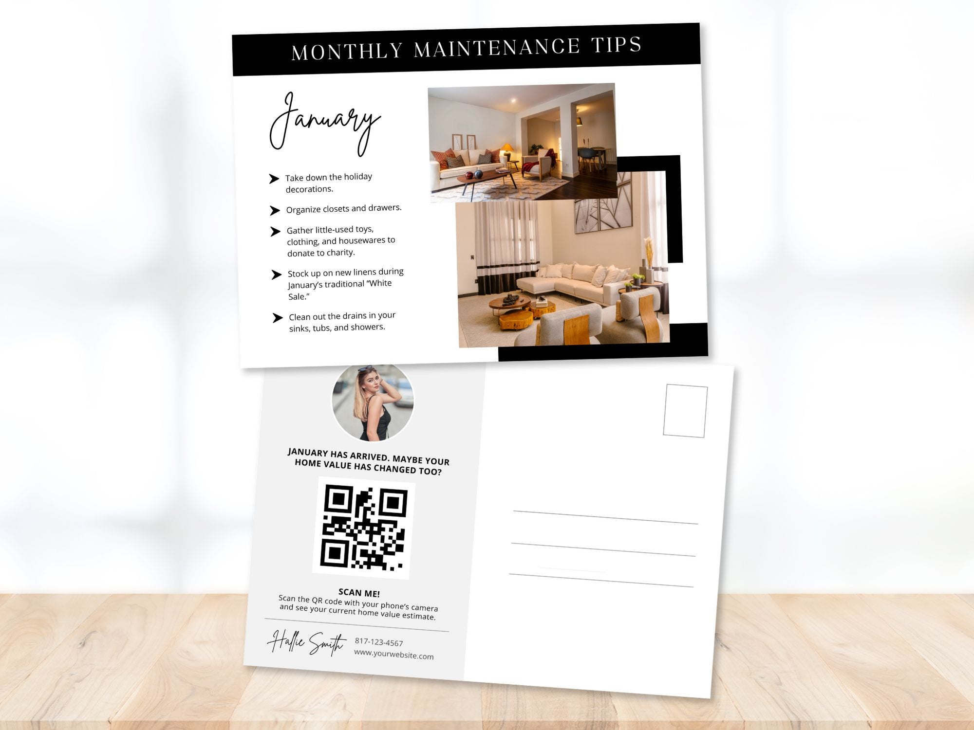 Monthly Maintenance Tips Postcards - Beautifully designed postcards offering valuable home maintenance advice.