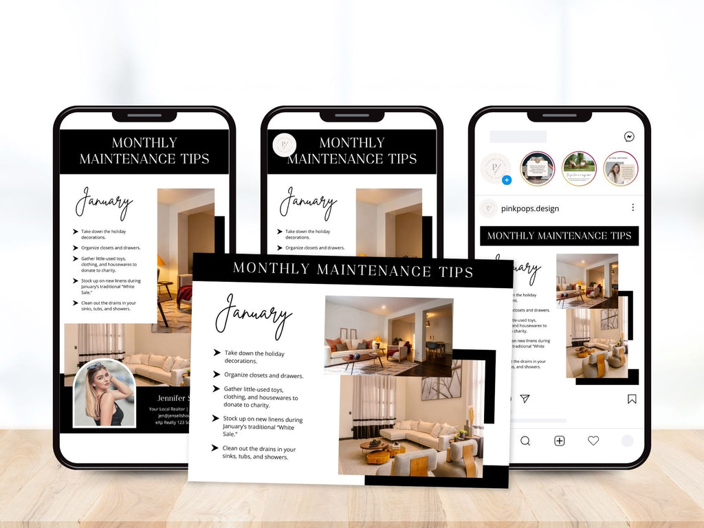 Monthly Maintenance Tips Bundle - Comprehensive set including postcards, Instagram posts, stories, and textable templates offering home maintenance advice.