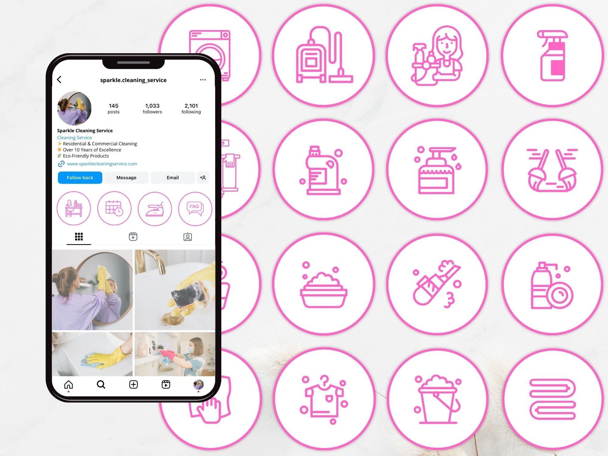 Pink Outline Cleaning Highlight Covers - Elegant and minimalist icons for showcasing cleaning services on Instagram.