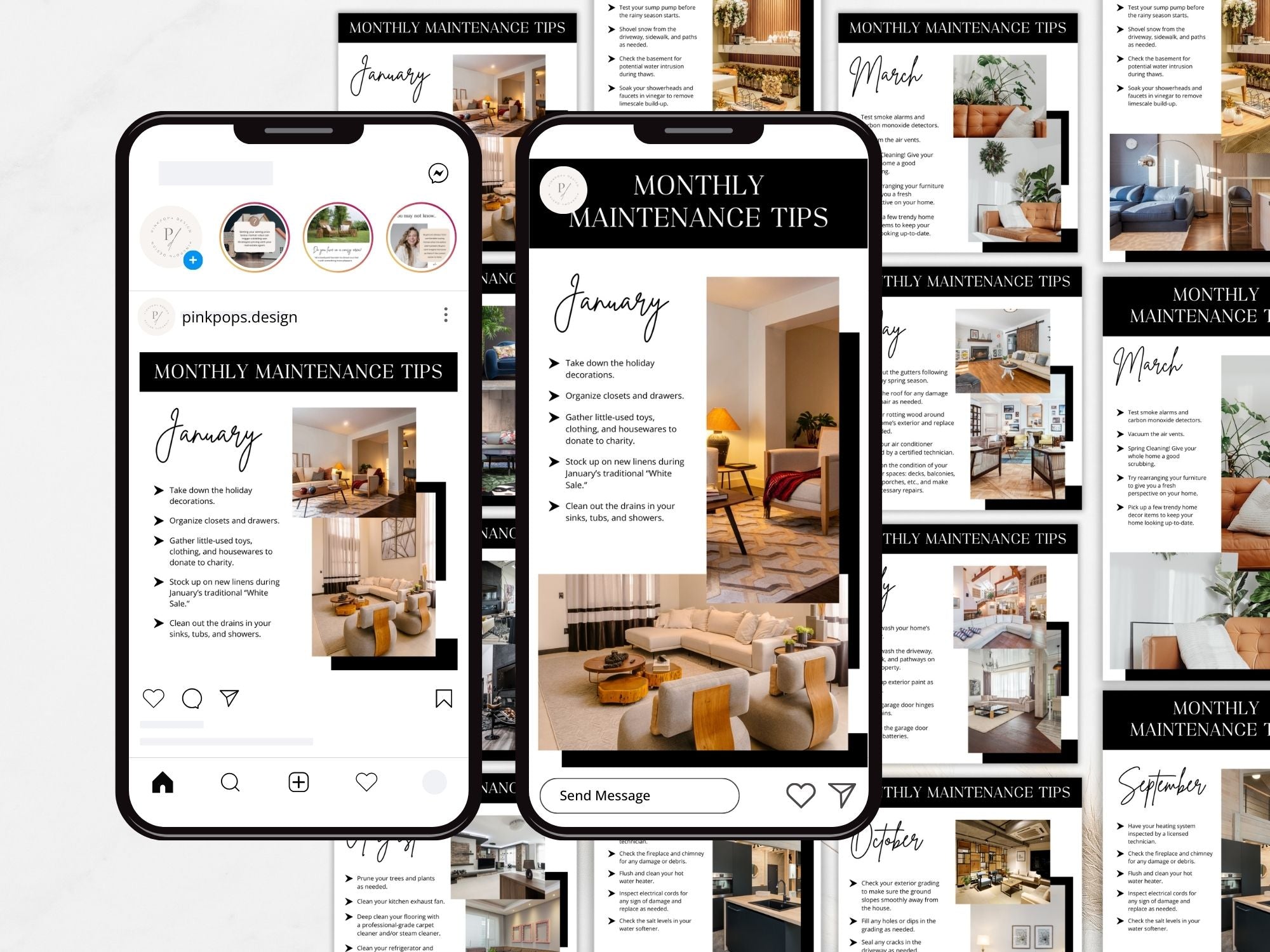 Monthly Maintenance Tips Instagram Post & Stories - Beautifully designed templates with home maintenance advice.