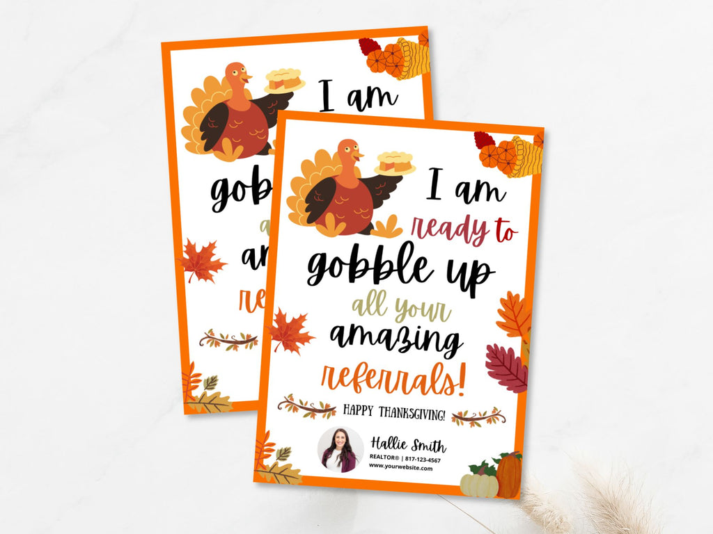 Real Estate Gobble Up Thanksgiving Rectangle Pop By Tag - Vibrant and festive tag to enhance your Thanksgiving pop-bys, creating a warm connection with clients during the holiday season.