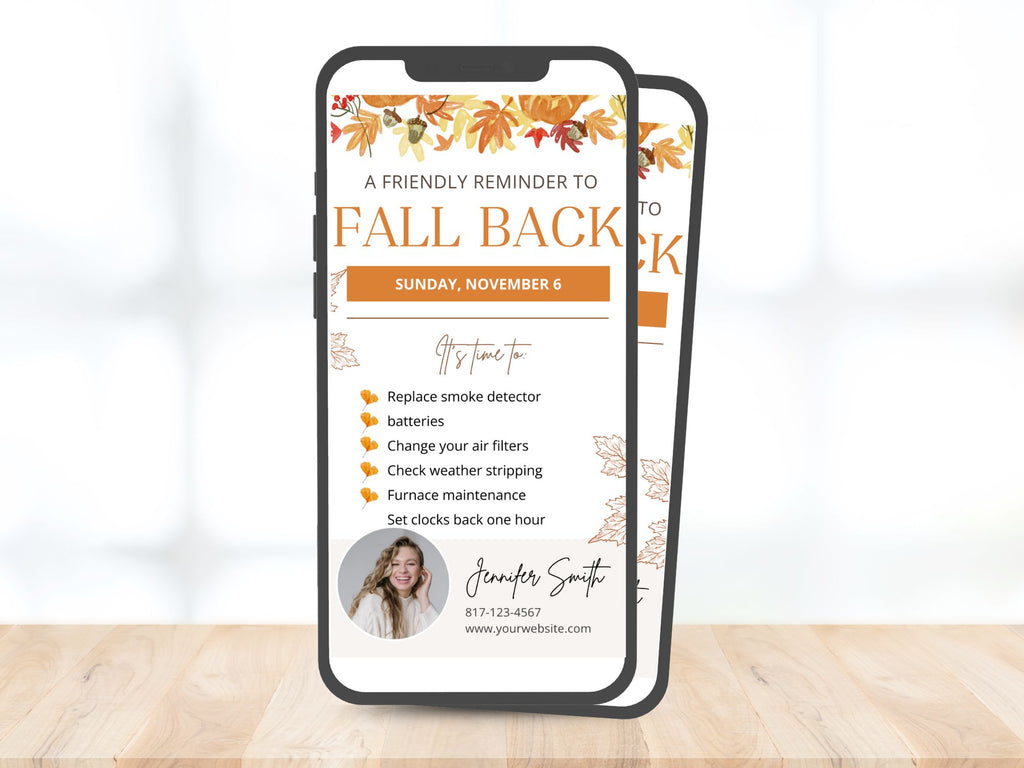 Real Estate Fall Back Digital Card Vol 02 - Visually appealing design for reminding clients about the time change and incorporating your real estate branding in the autumn season.