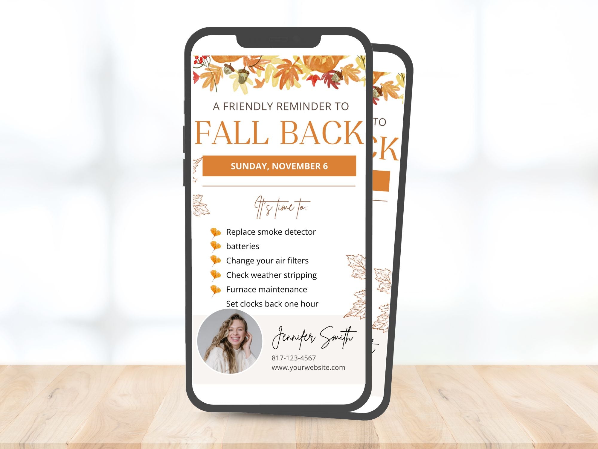Real Estate Fall Back Digital Card Vol 02 - Visually appealing design for reminding clients about the time change and incorporating your real estate branding in the autumn season.