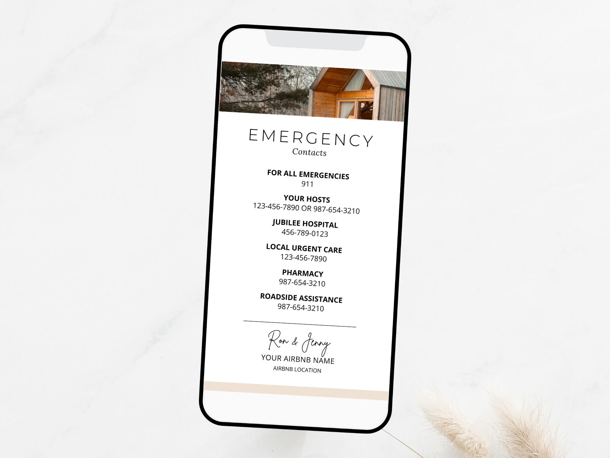 Textable Airbnb Emergency Contacts - Editable and digital template for prioritizing guest safety in your vacation rental.
