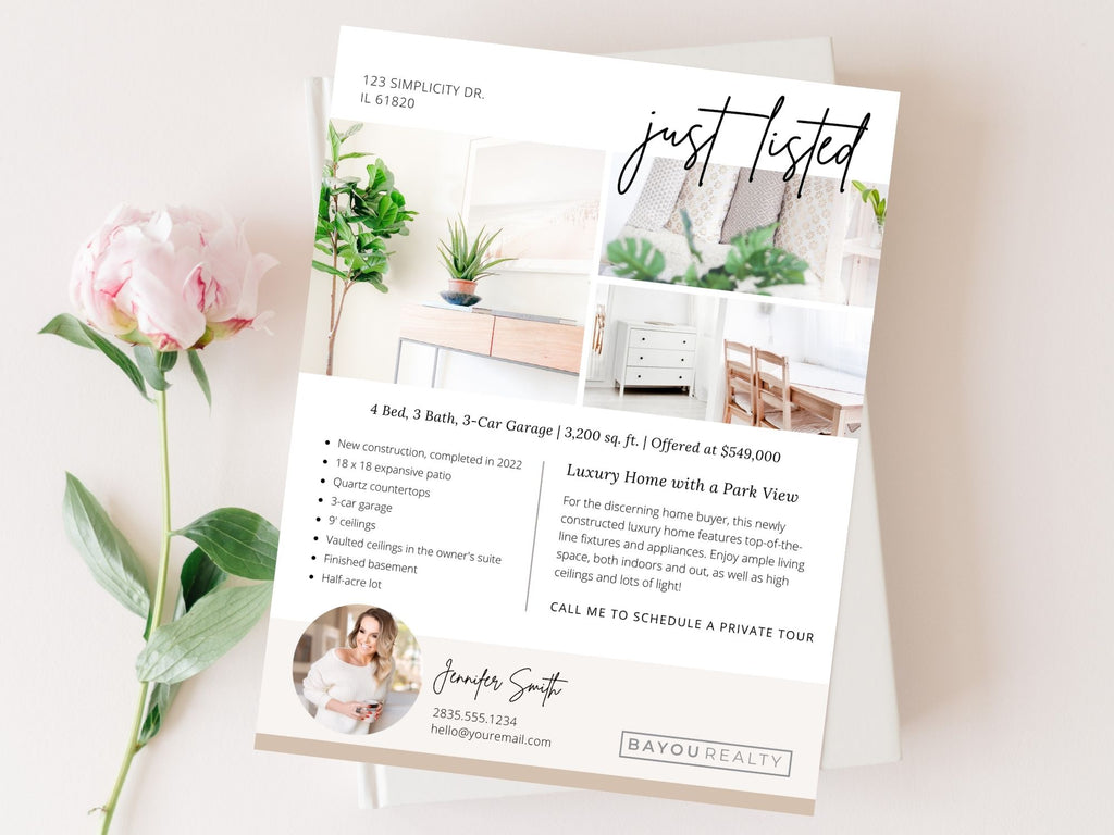 Real Estate Just Listed Flyer - Visually striking flyer announcing new property listings, showcasing highlights and features with captivating visuals for an impactful and professionally designed real estate marketing tool.