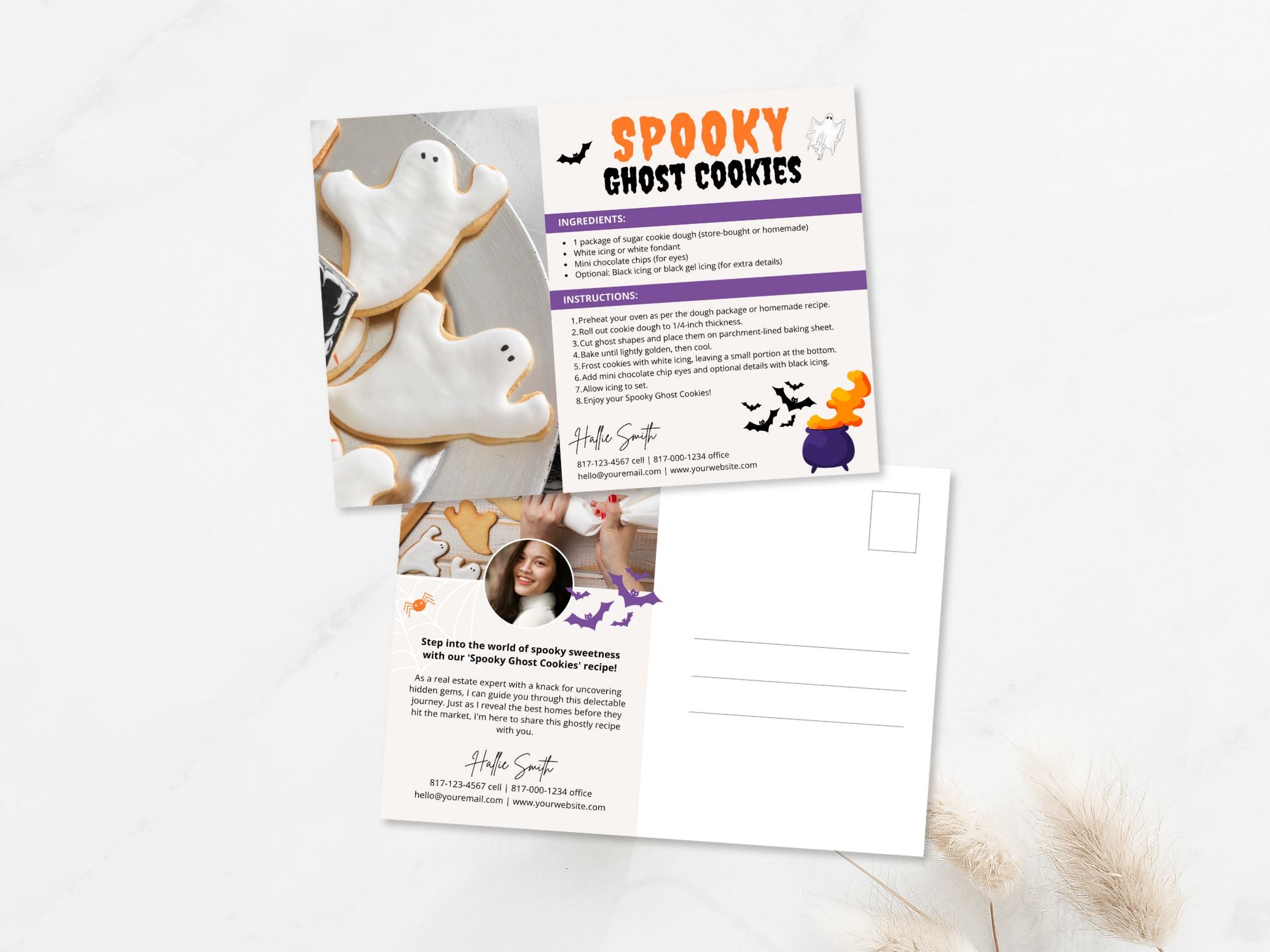 Real Estate Spooky Ghost Cookies Halloween Recipe Postcard - Delightful postcard featuring a fun and easy recipe for spooky ghost cookies, creating a memorable and engaging way to express seasonal greetings during Halloween