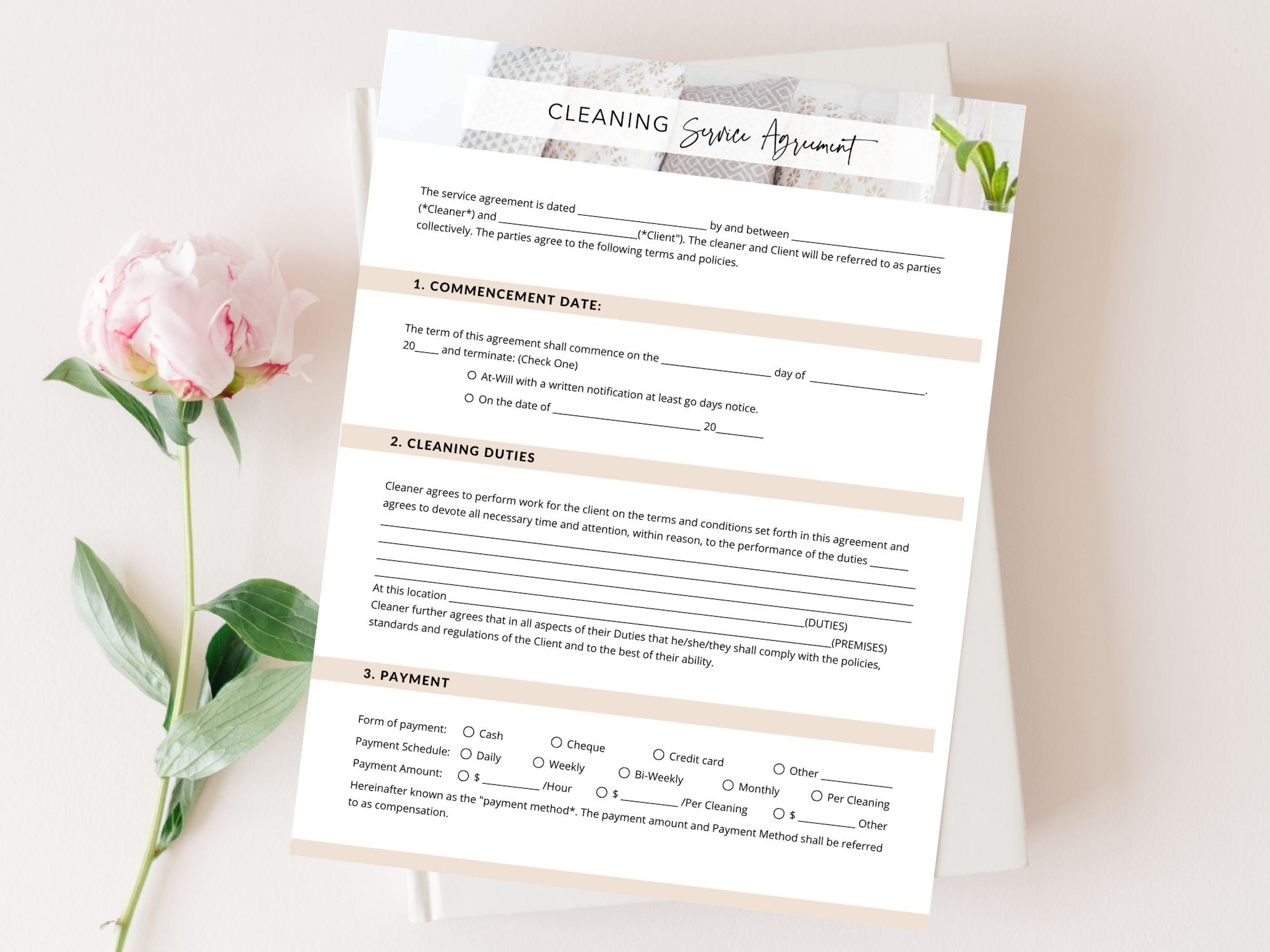 Cleaning Service Agreement - Editable template for establishing clear terms and expectations, fostering a transparent and professional relationship between your cleaning business and clients.