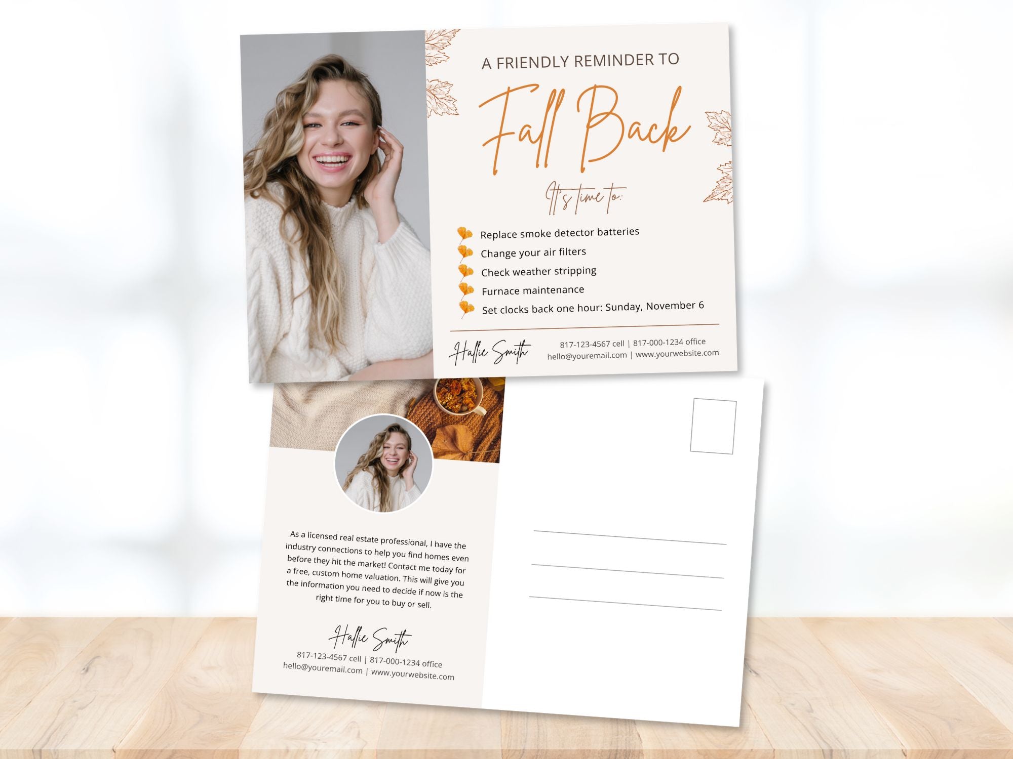 Real Estate Fall Back Postcard Vol 01 - Eye-catching design for reminding clients about the time change and showcasing your real estate brand in the autumn season.