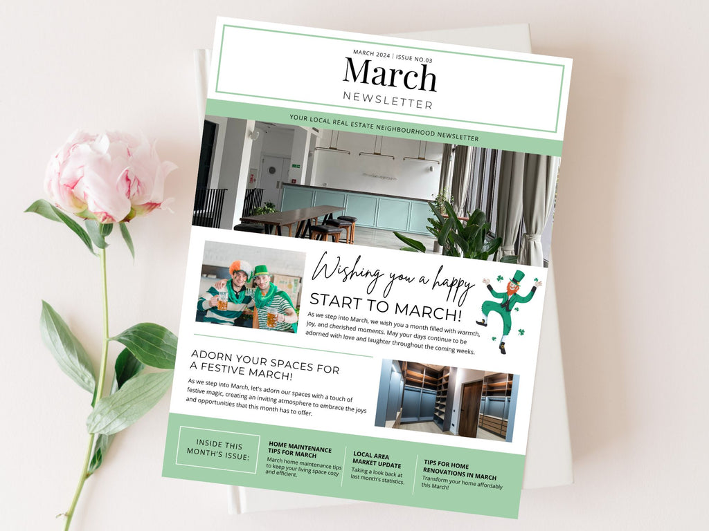 Minimal March Newsletter 2024 - Professionally designed real estate newsletter template with a clean and modern aesthetic.