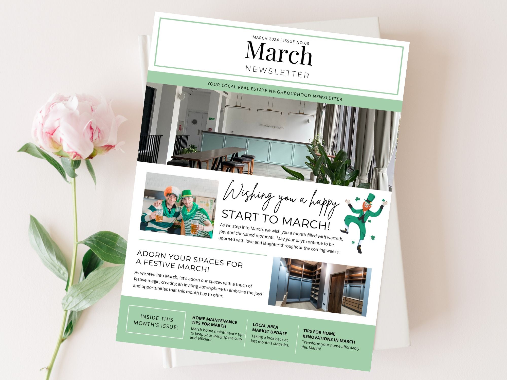 Minimal March Newsletter 2024 - Professionally designed real estate newsletter template with a clean and modern aesthetic.