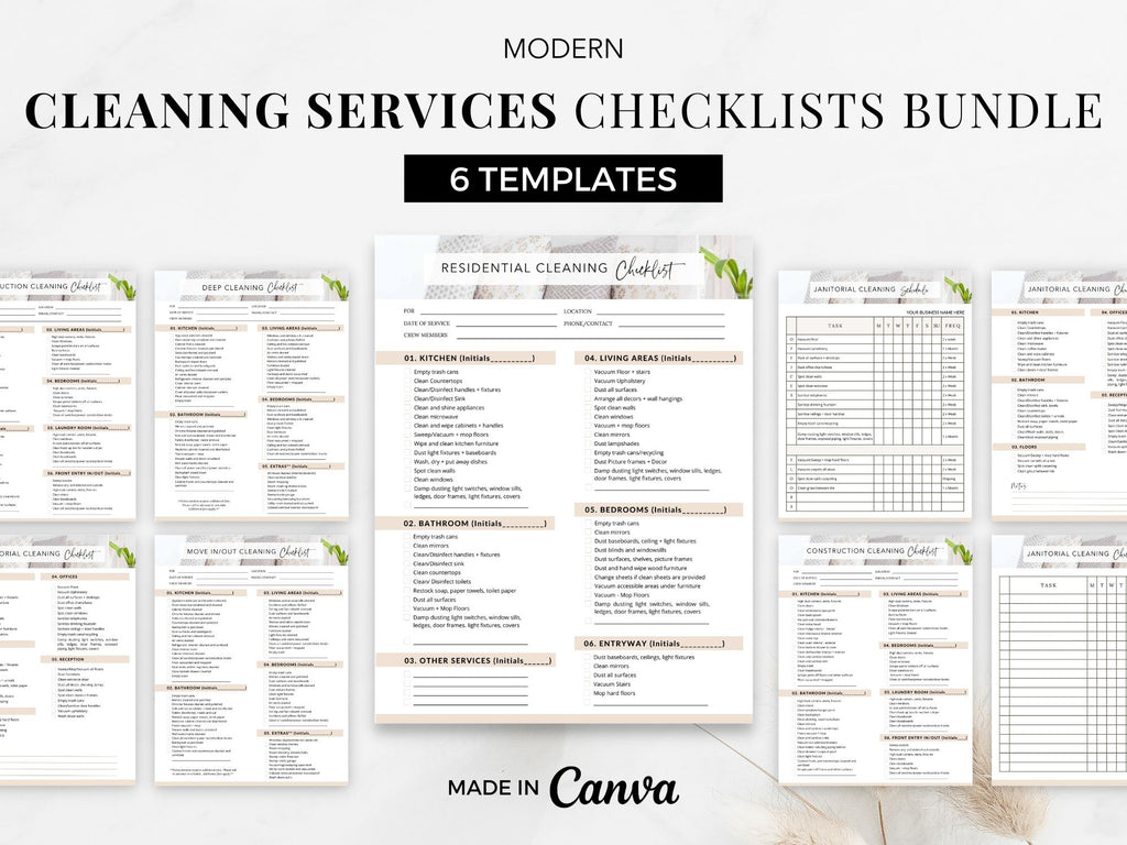 Modern Cleaning Services Checklists Bundle - Versatile and editable set of cleaning checklists for efficient task management, ensuring a thorough and organized approach to deliver exceptional cleaning services.