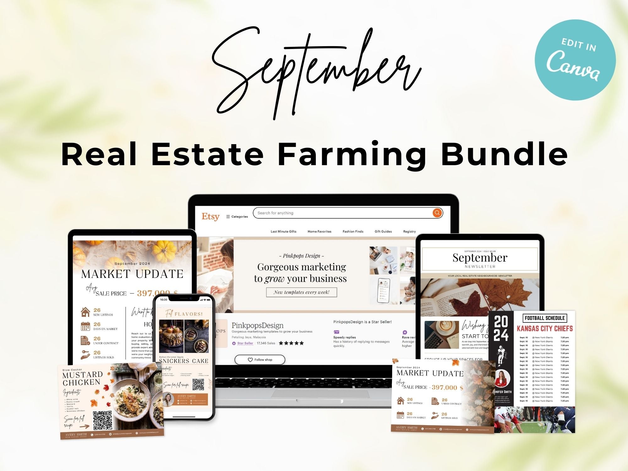 September Real Estate Farming Bundle featuring postcards, newsletters, and marketing materials for effective realtor farming.