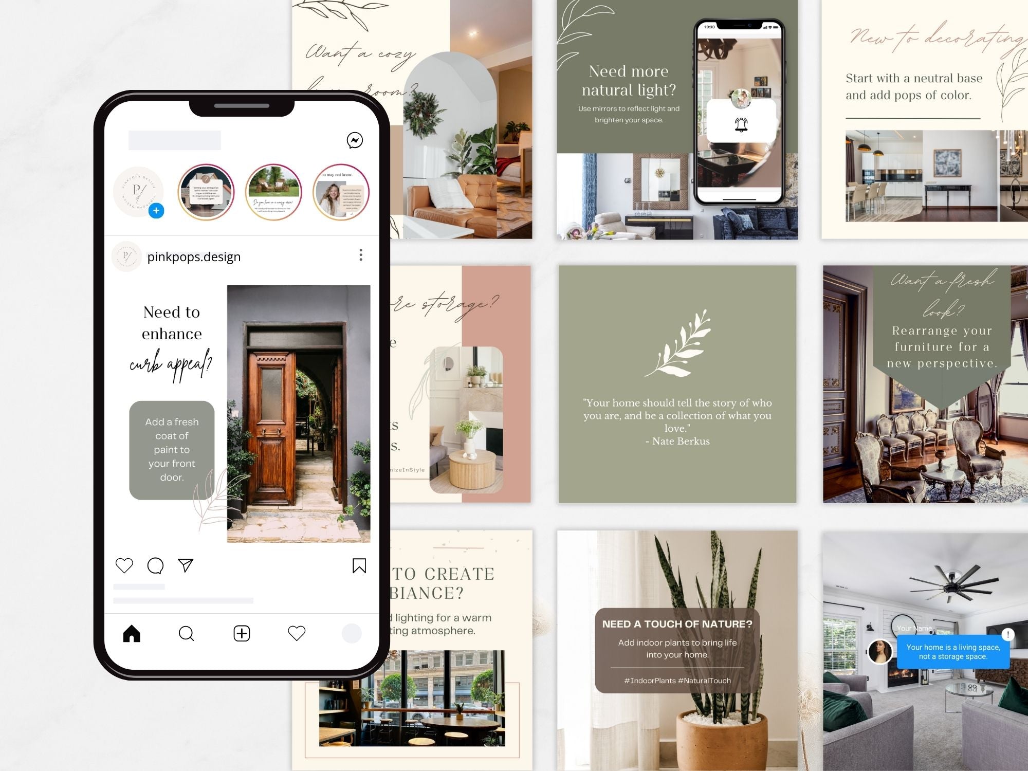 50 Home Decor Tips Instagram Posts - Beautifully designed templates offering home decorating advice.