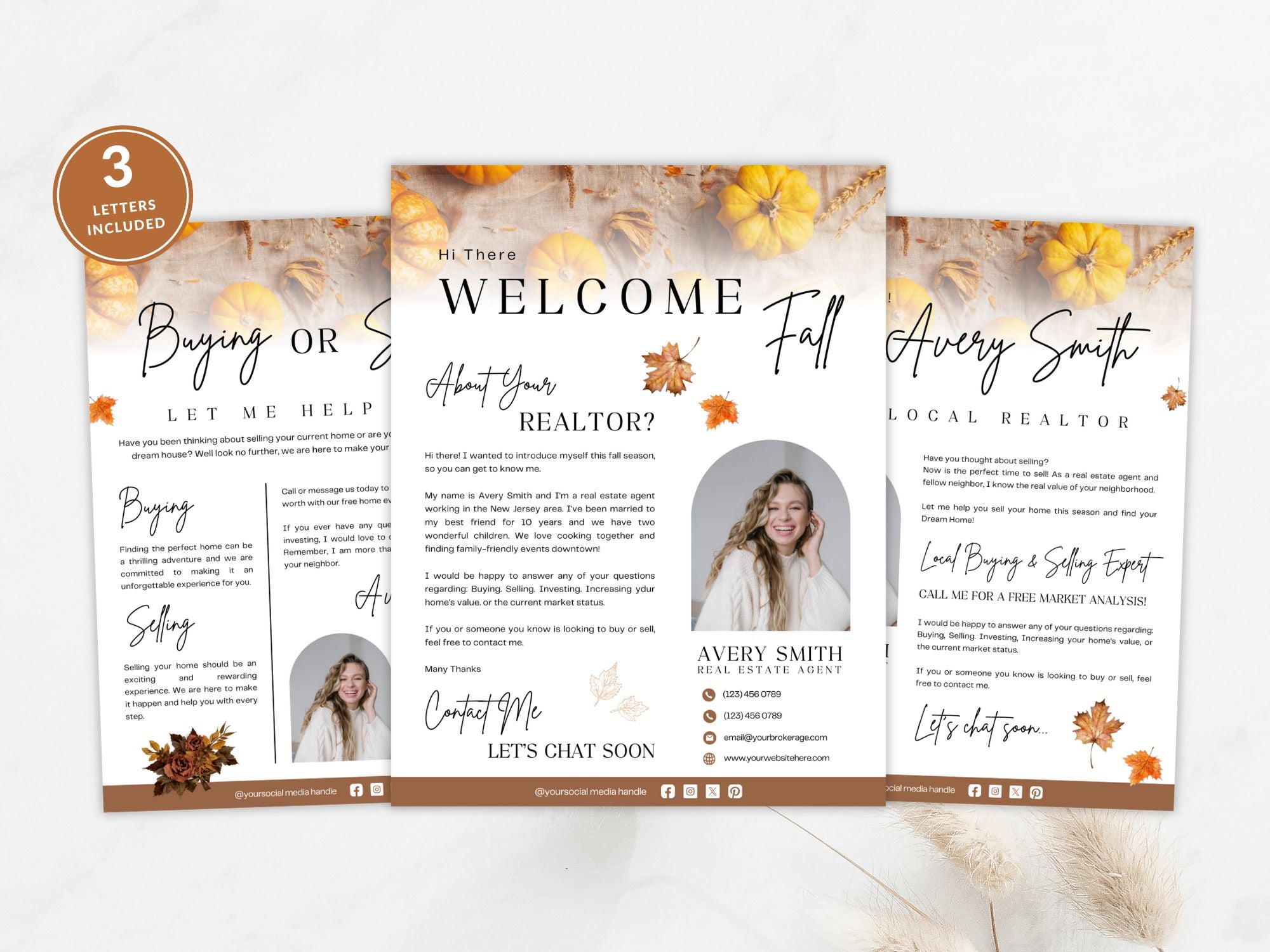 Fall Real Estate Letters Vol 02 with autumn-themed designs for seasonal client outreach.