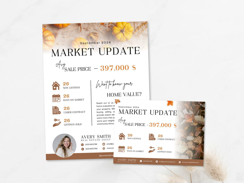 Fall Market Update Postcard and Flyer set with autumn-themed design for real estate professionals.