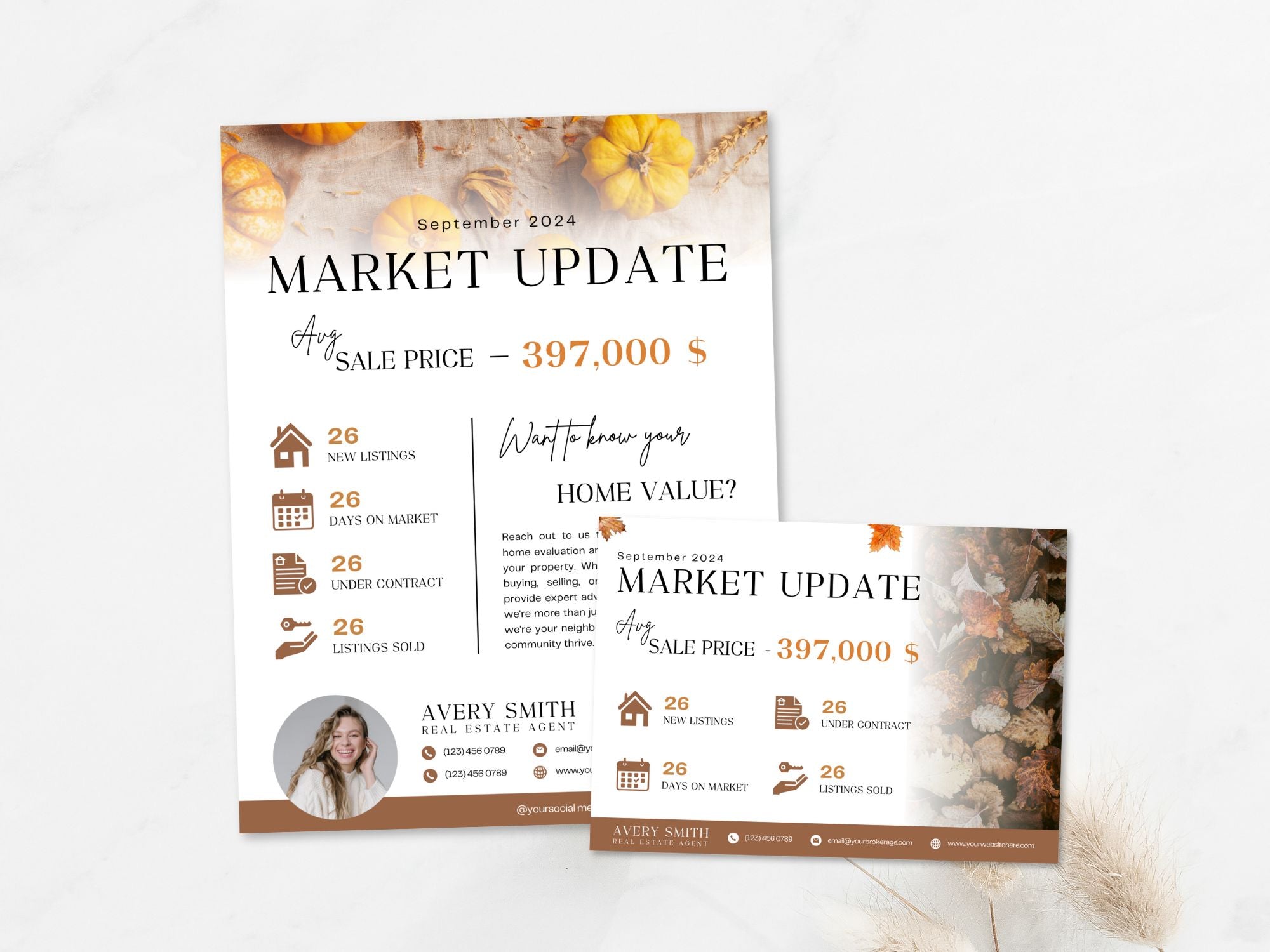 Fall Market Update Postcard and Flyer set with autumn-themed design for real estate professionals.