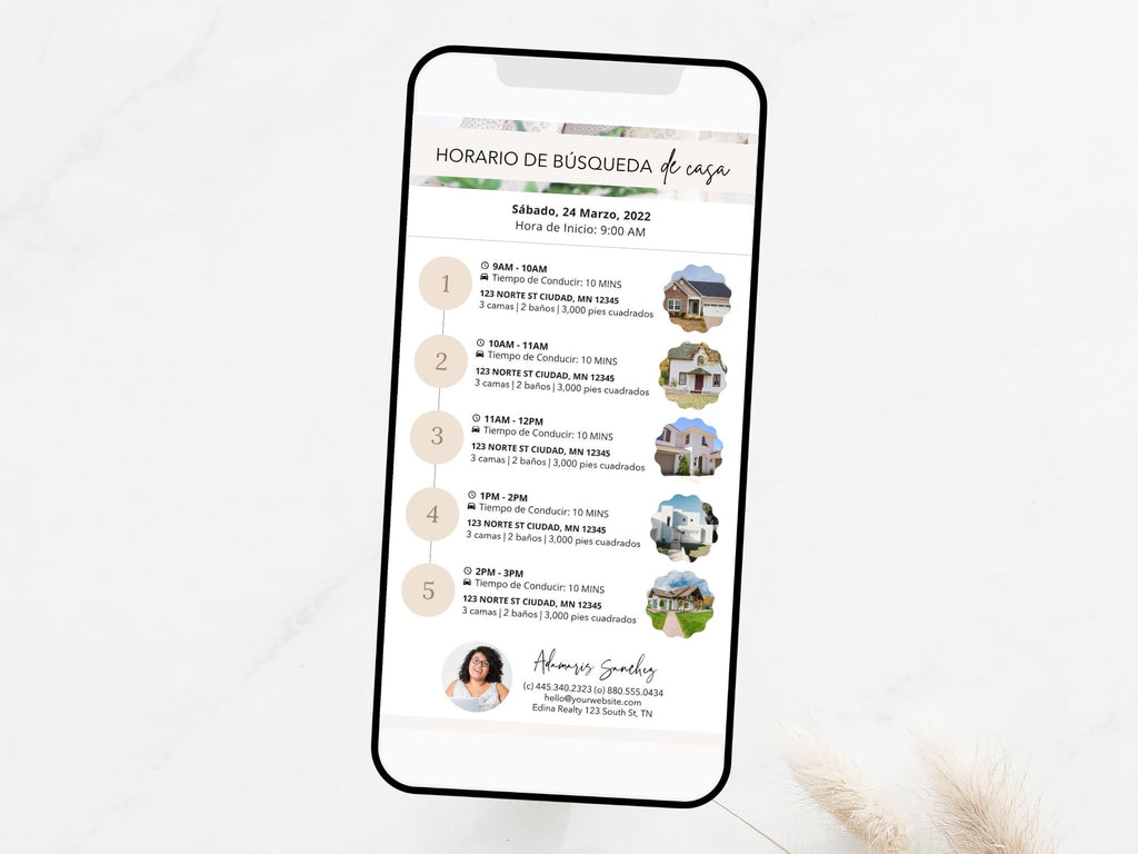 Spanish Textable House Hunting Schedule - Plan house hunting in Spanish with a textable message, sharing a personalized schedule with Spanish-speaking clients for a seamless and organized property search.