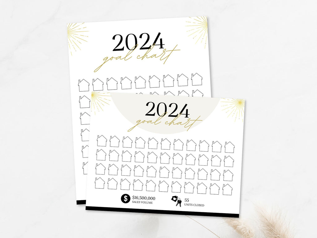 Real Estate Gold 2024 Realtor Goal Chart - Eye-catching chart for goal setting and tracking in a luxurious gold theme, providing a stylish and motivational tool for achieving real estate milestones.