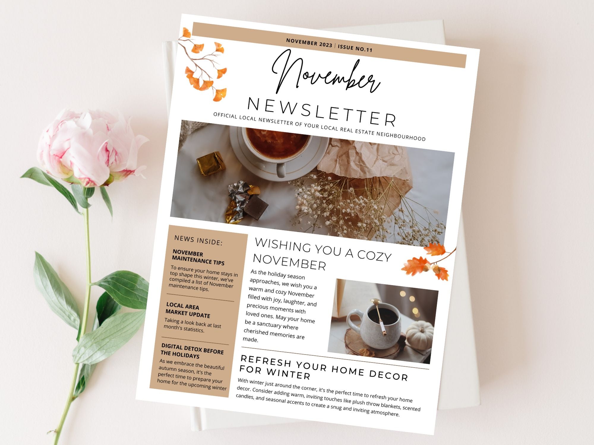Real Estate Minimal November Newsletter 2023 - Clean and concise newsletter template for delivering important updates and seasonal greetings in a professional and engaging manner.