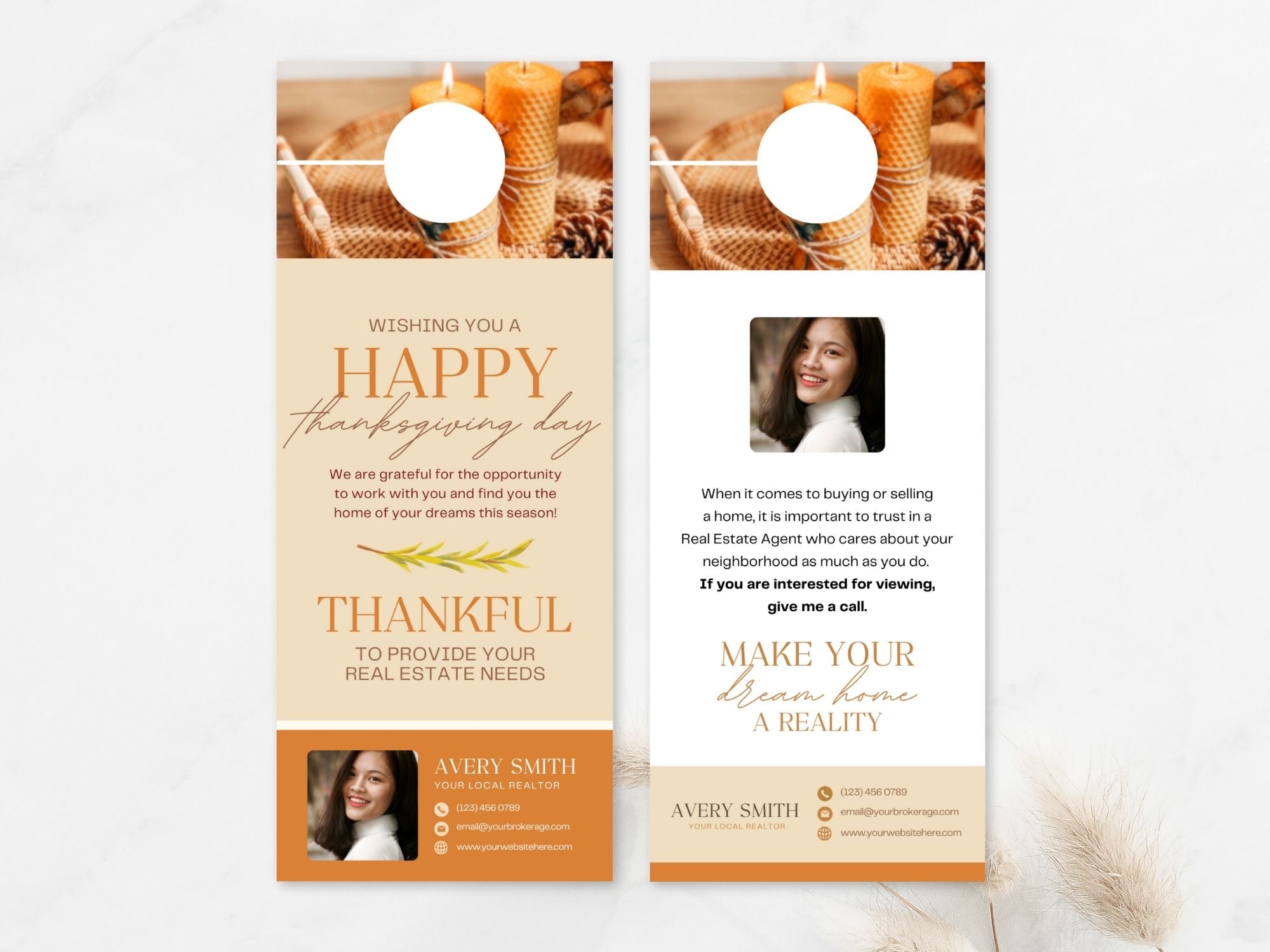 Real Estate Thanksgiving Door Hanger Vol 01 - Beautifully crafted door hanger for connecting with neighbors and clients, blending festive design with expressions of gratitude during the Thanksgiving holiday season.