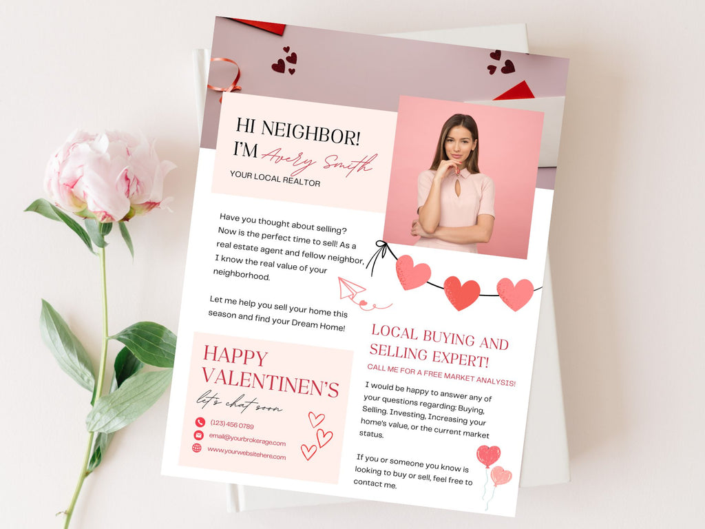 Valentine Hello Neighbor Flyer - Charming real estate flyer with a heartwarming design for local outreach.