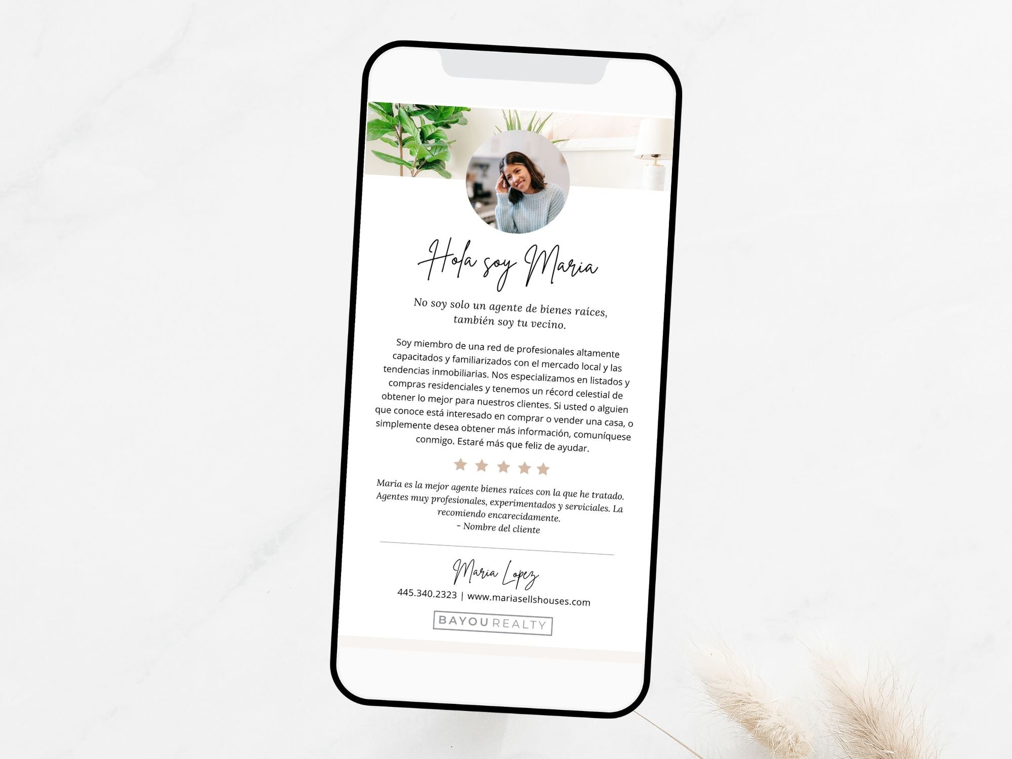 Spanish Textable Agent Introduction Flyer - Introduce yourself in Spanish with a textable flyer, sharing background, expertise, and services for a personalized connection with Spanish-speaking clients.
