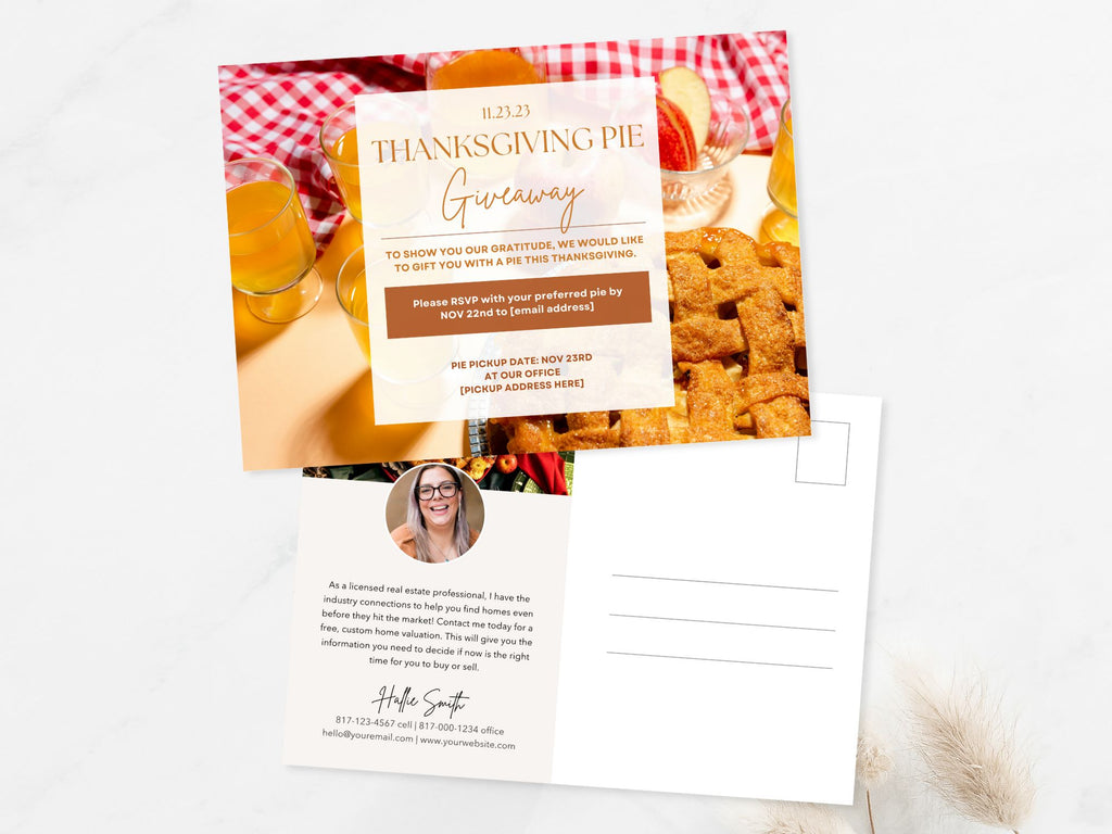 Real Estate Thanksgiving Pie Giveaway Postcard - Heartwarming postcard inviting clients to a delightful Thanksgiving pie giveaway for a memorable and engaging way to express gratitude and foster connections during the festive season.