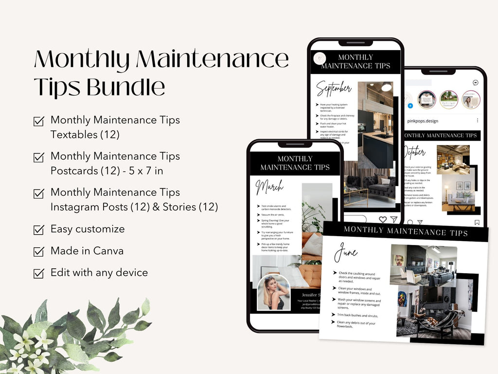 Monthly Maintenance Tips Bundle - Comprehensive set including postcards, Instagram posts, stories, and textable templates offering home maintenance advice.