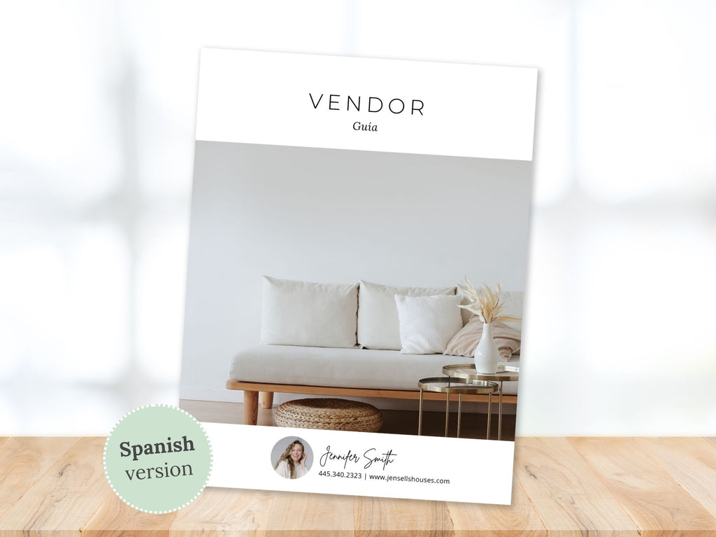 Spanish Minimal Vendor Guide showcasing trusted vendors for real estate clients.