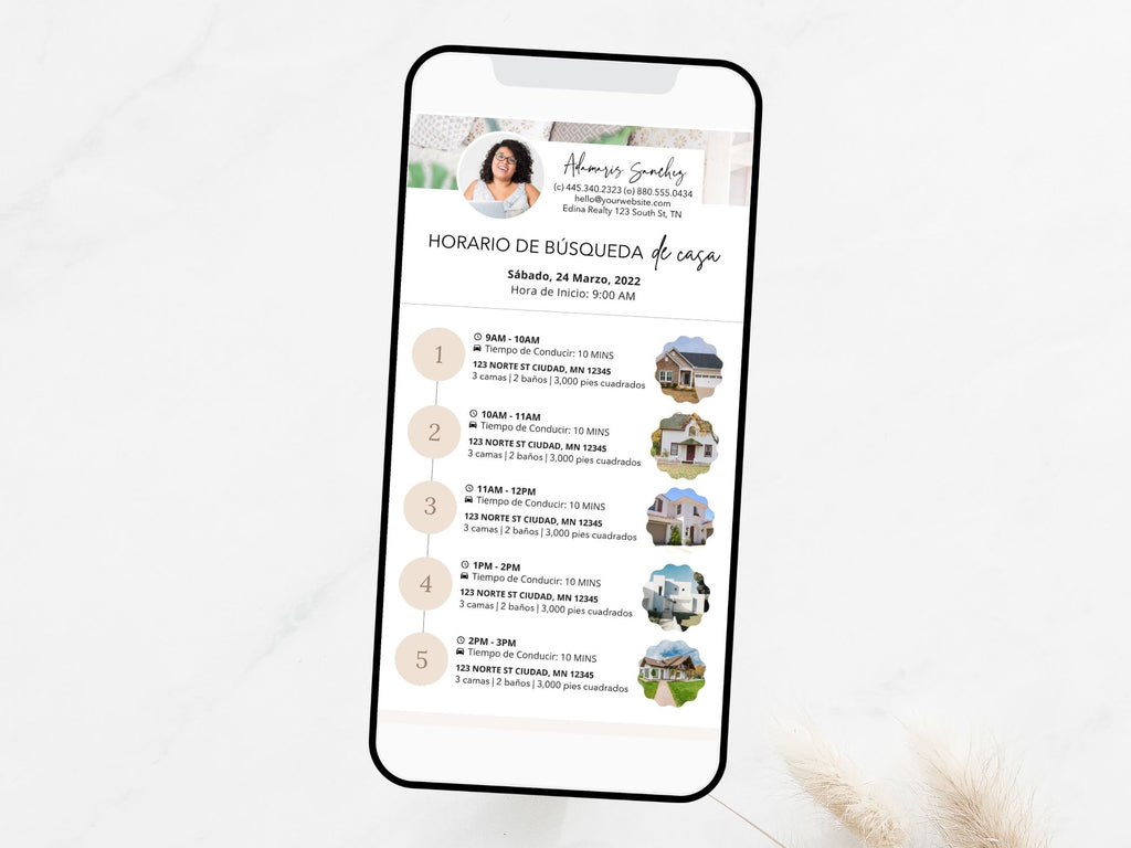 Spanish Textable House Hunting Schedule - Plan house hunting in Spanish with a textable message, sharing a personalized schedule with Spanish-speaking clients for a seamless and organized property search.