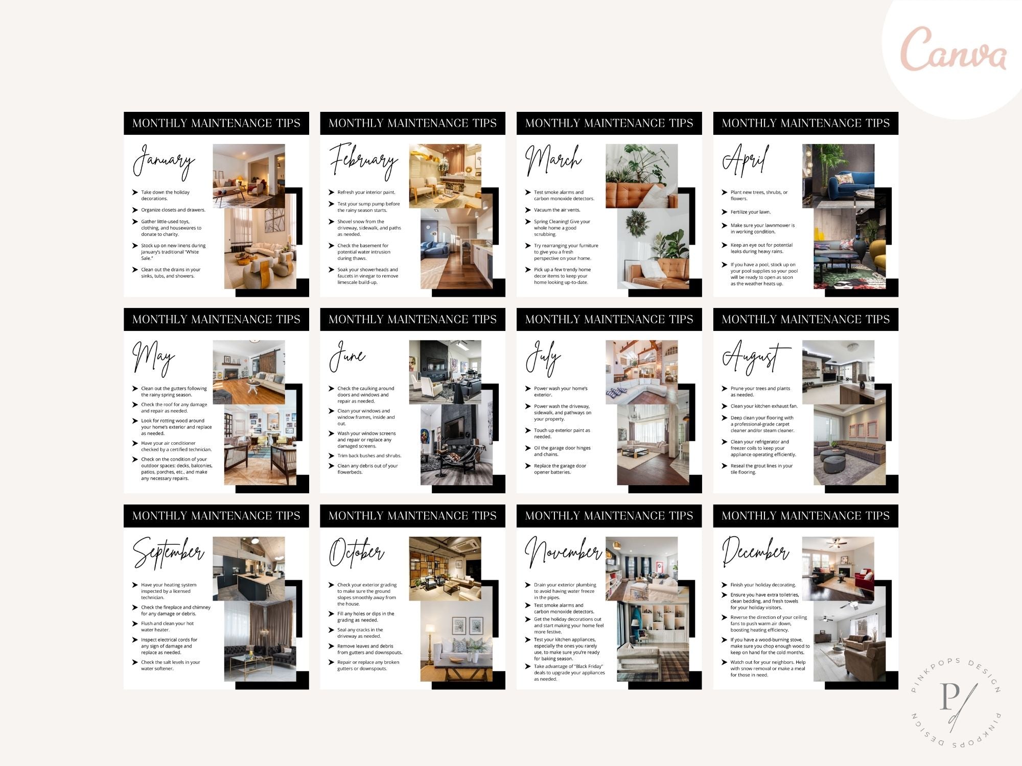 Monthly Maintenance Tips Instagram Post & Stories - Beautifully designed templates with home maintenance advice.