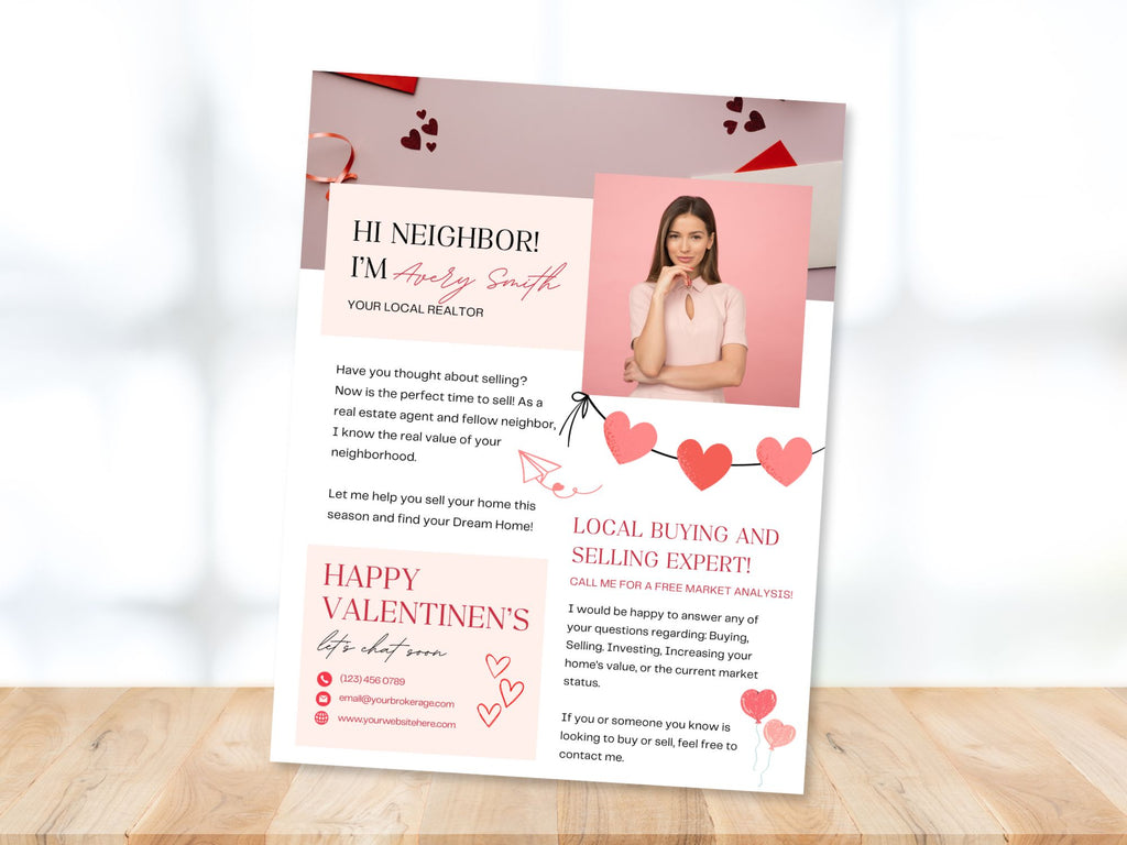 Valentine Hello Neighbor Flyer - Charming real estate flyer with a heartwarming design for local outreach.