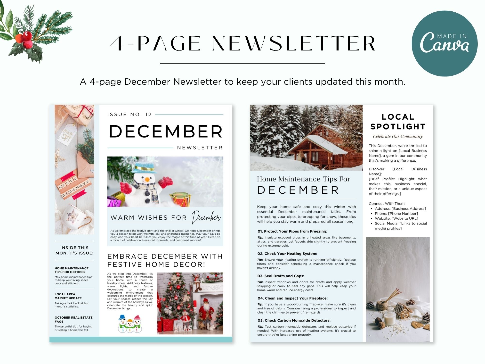 December Newsletter 2024 Vol 02 template for real estate professionals, featuring year-end market summaries and holiday home tips.