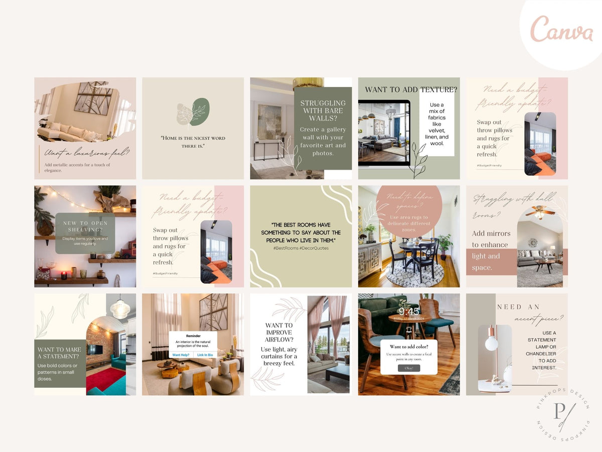 50 Home Decor Tips Instagram Posts - Beautifully designed templates offering home decorating advice.