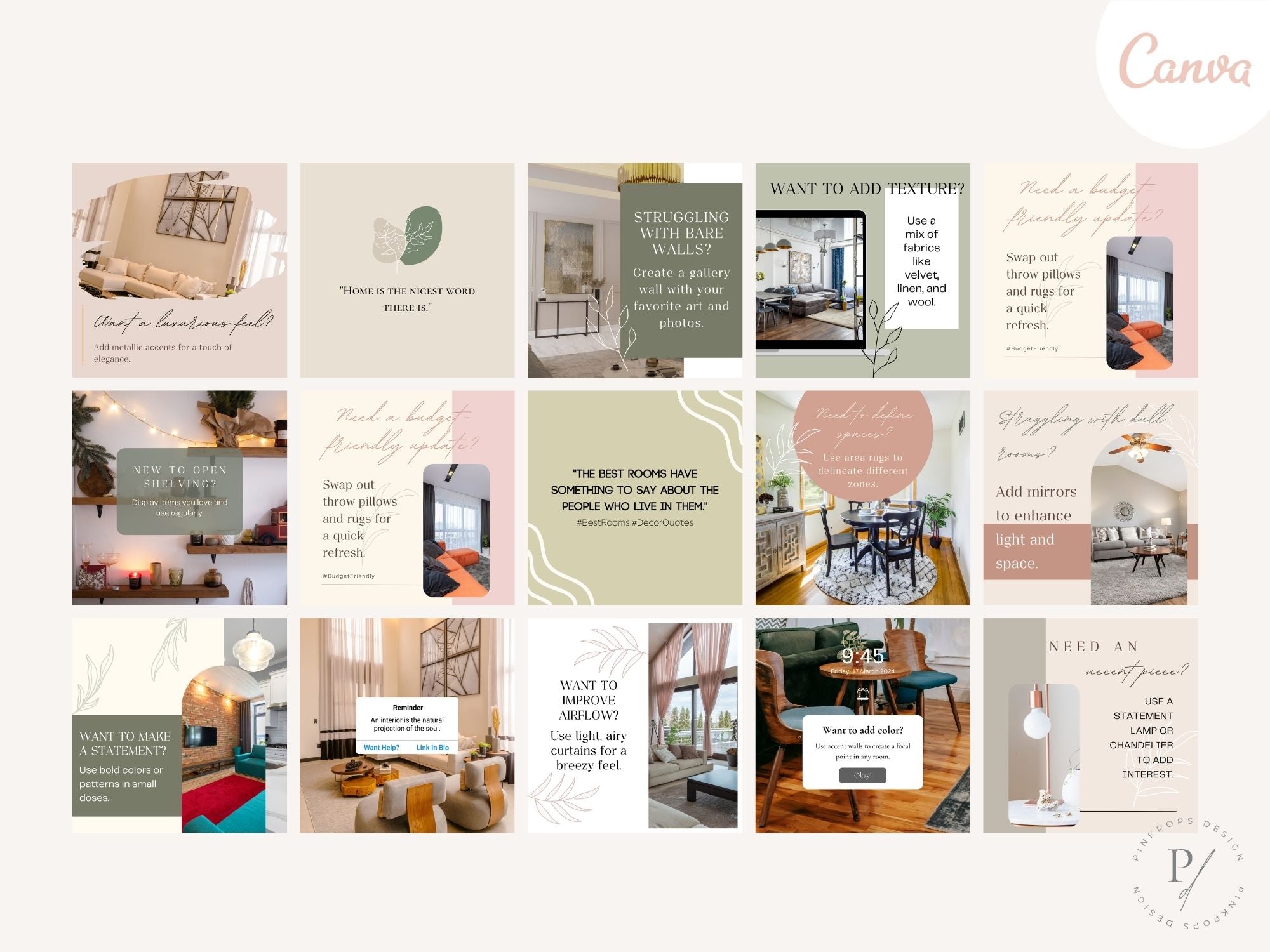 50 Home Decor Tips Instagram Posts - Beautifully designed templates offering home decorating advice.