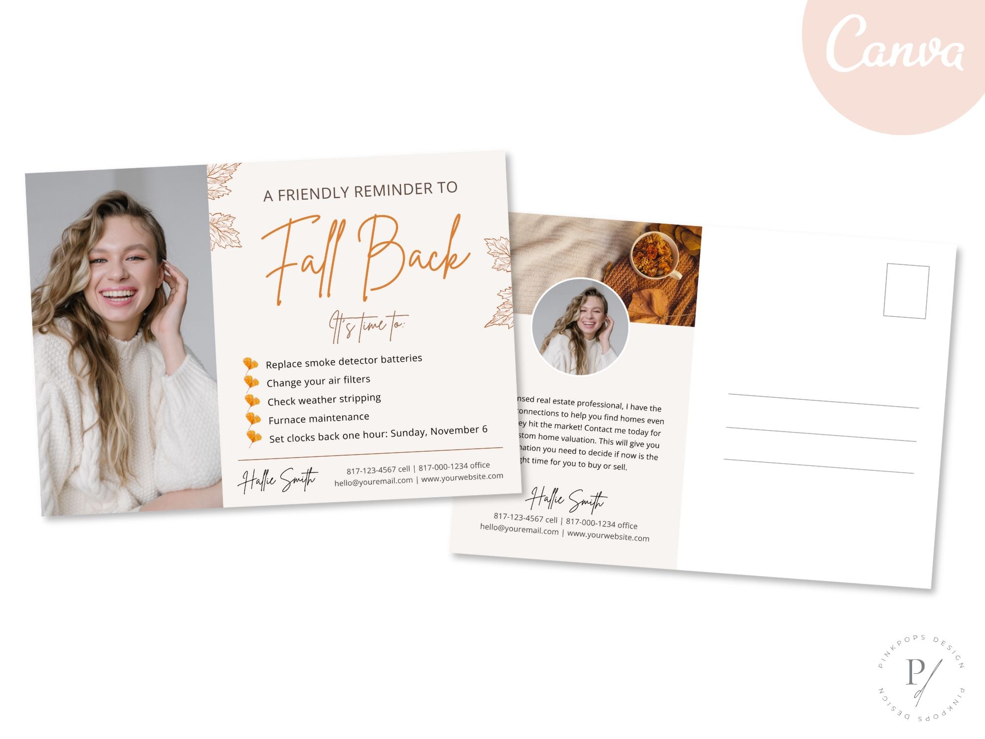Real Estate Fall Back Postcard Vol 01 - Eye-catching design for reminding clients about the time change and showcasing your real estate brand in the autumn season.