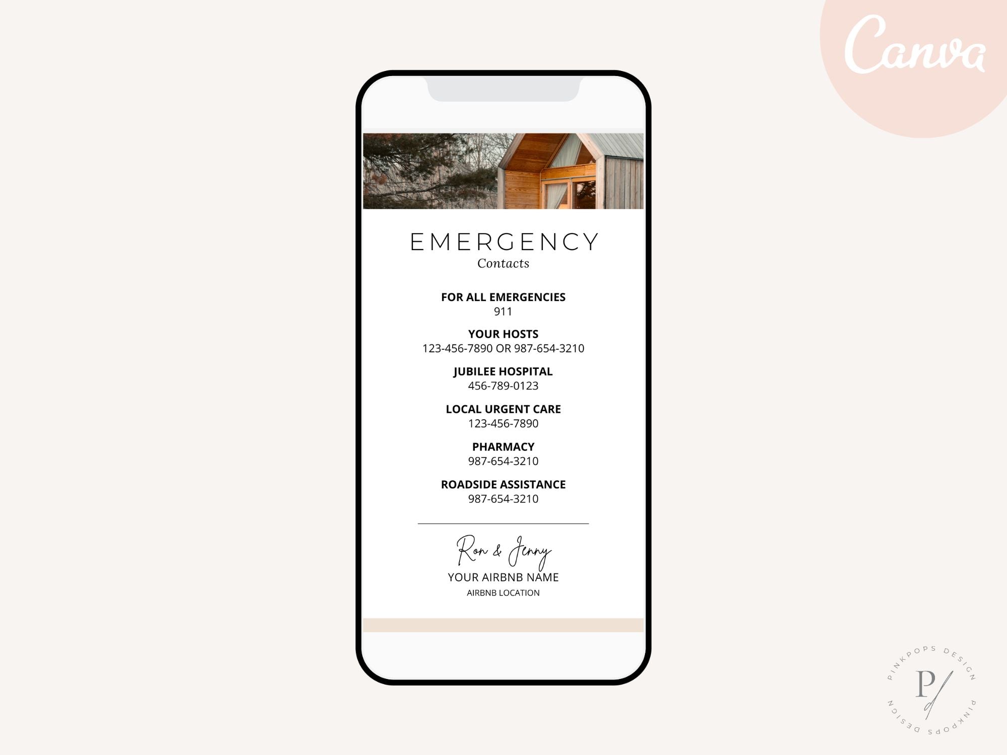 Textable Airbnb Emergency Contacts - Editable and digital template for prioritizing guest safety in your vacation rental.