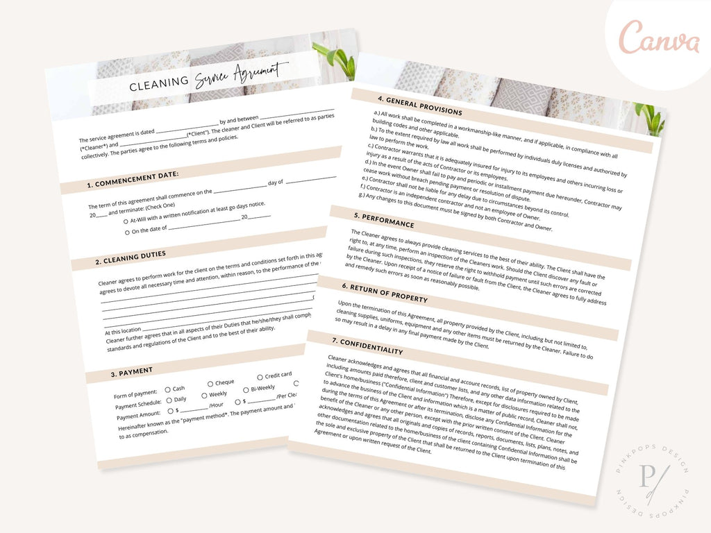 Cleaning Service Agreement - Editable template for establishing clear terms and expectations, fostering a transparent and professional relationship between your cleaning business and clients.