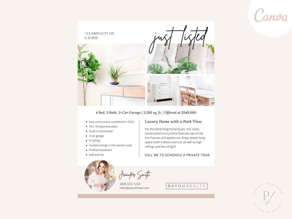 Real Estate Just Listed Flyer - Visually striking flyer announcing new property listings, showcasing highlights and features with captivating visuals for an impactful and professionally designed real estate marketing tool.