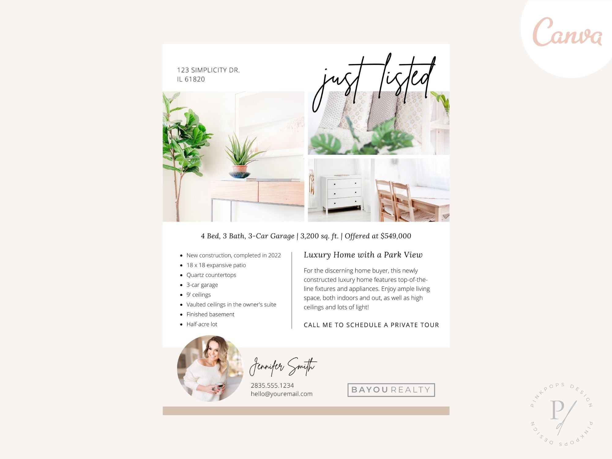 Real Estate Just Listed Flyer - Visually striking flyer announcing new property listings, showcasing highlights and features with captivating visuals for an impactful and professionally designed real estate marketing tool.