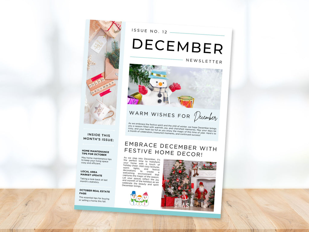 December Newsletter 2024 Vol 02 template for real estate professionals, featuring year-end market summaries and holiday home tips.