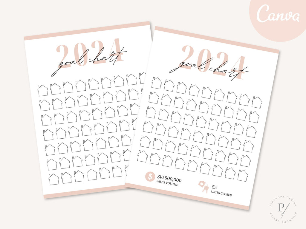 Real Estate Blush Pink 2024 Realtor Goal Chart - Visually appealing chart for goal setting and tracking in a sophisticated blush pink theme, providing a motivational and elegant tool for achieving real estate milestones